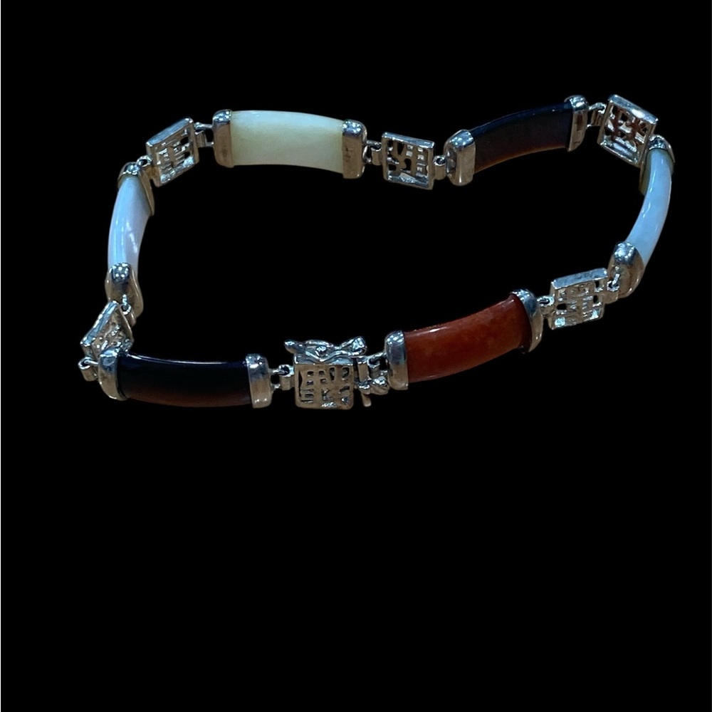 Beautiful Vintage sterling silver Vermeil multi-color jade curved link bracelet.